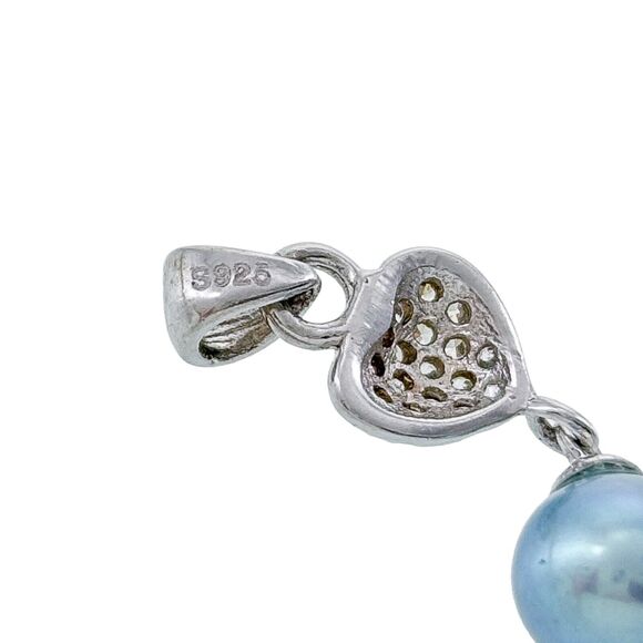 Vintage Sterling Silver 925 Pave Cubic Zirconia Heart Blue Pearl Dangle Pendant - Picture 3 of 5